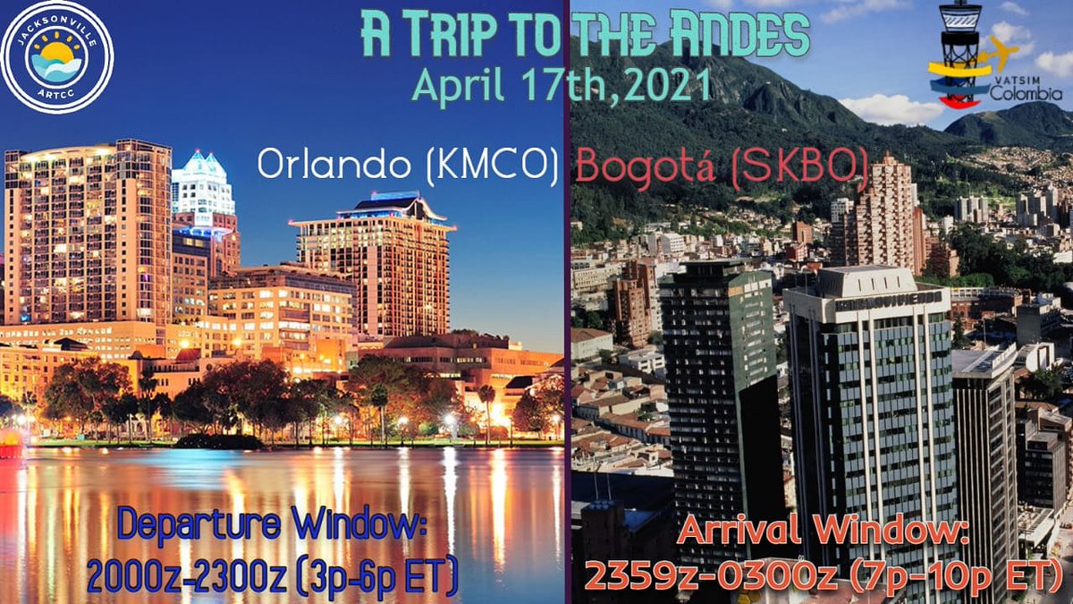 Virtual Jacksonville ARTCC and VATSIM Colombia present A Trip to the Andes! Come fly your favorite jetliner from Orlando, Florida (KMCO) to Bogotá, Colombia (SKBO)! Saturday, April 17, 2021 - 20:00 to Sunday, April 18, 2021 - 03:00 <a href="/vatsur/">VATSIM South America</a> <a href="/vatsimevents/">VATSIM Events</a>