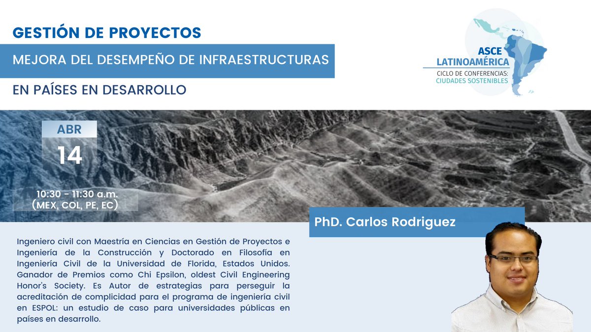 🔵Gestión de proyectos, mejora del desempeño de infraestructuras en paises en desarrollo🔵 📅 Miércoles 14 de abril ⏰ 10:30 am 👤PhD. Carlos Rodriguez🇪🇨 No olviden registrarse para asistir a las conferencias🤓 Link de registro: forms.gle/f9ZFjPQ2EmoV52…