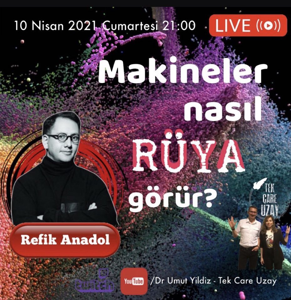 #TekCareUzay’da bu hafta dünyanın en büyük sanat galerilerini uzaydan gelen verilerle buluşturan, muhteşem sergiler meydana getiren <a href="/refikanadol/">Refik Anadol</a> var! 

Canlı yayın 10 Nisan 2021 Cumartesi 21:00’de. 

<a href="/umutayildiz/">Umut Yildiz</a> <a href="/ayemnut/">Damla</a> 

Bu muhabbet kaçmaz 🚀

youtu.be/sFZYFMleWck