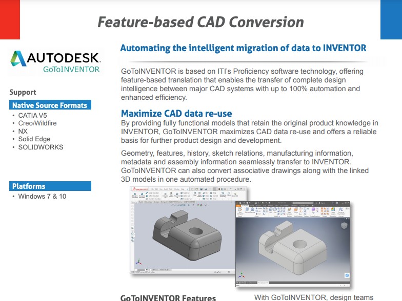 ITI's GoToINVENTOR solution offers feature-based translation enabling the transfer of complete #design intelligence from major #CAD systems to #INVENTOR with up to 100% #automation and enhanced efficiency. 

Download PDF here: ow.ly/fA8o50EjTDh
<a href="/Wipro/">Wipro</a>
<a href="/autodesk/">Autodesk</a>