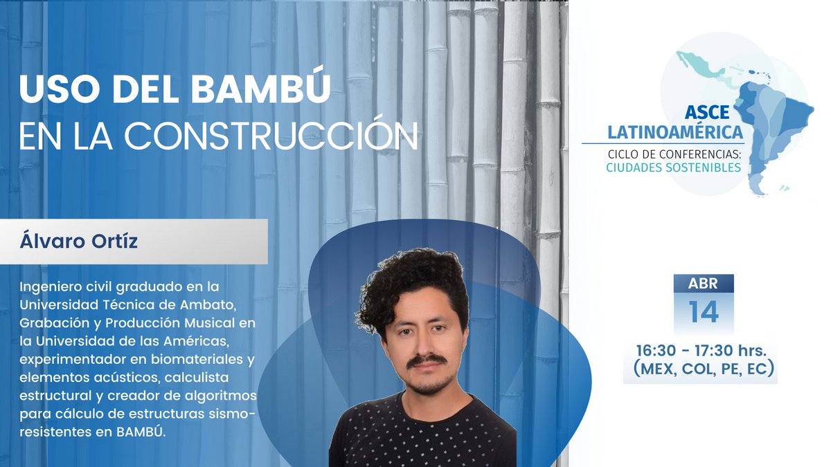 🔵Uso del bambú en la construcción🔵 📅 Miércoles 14 de abril ⏰ 04:30 pm 👤Ing. Alvaro Ortiz🇲🇽 No olviden registrarse para asistir a las conferencias🤓 Link de registro: forms.gle/f9ZFjPQ2EmoV52…