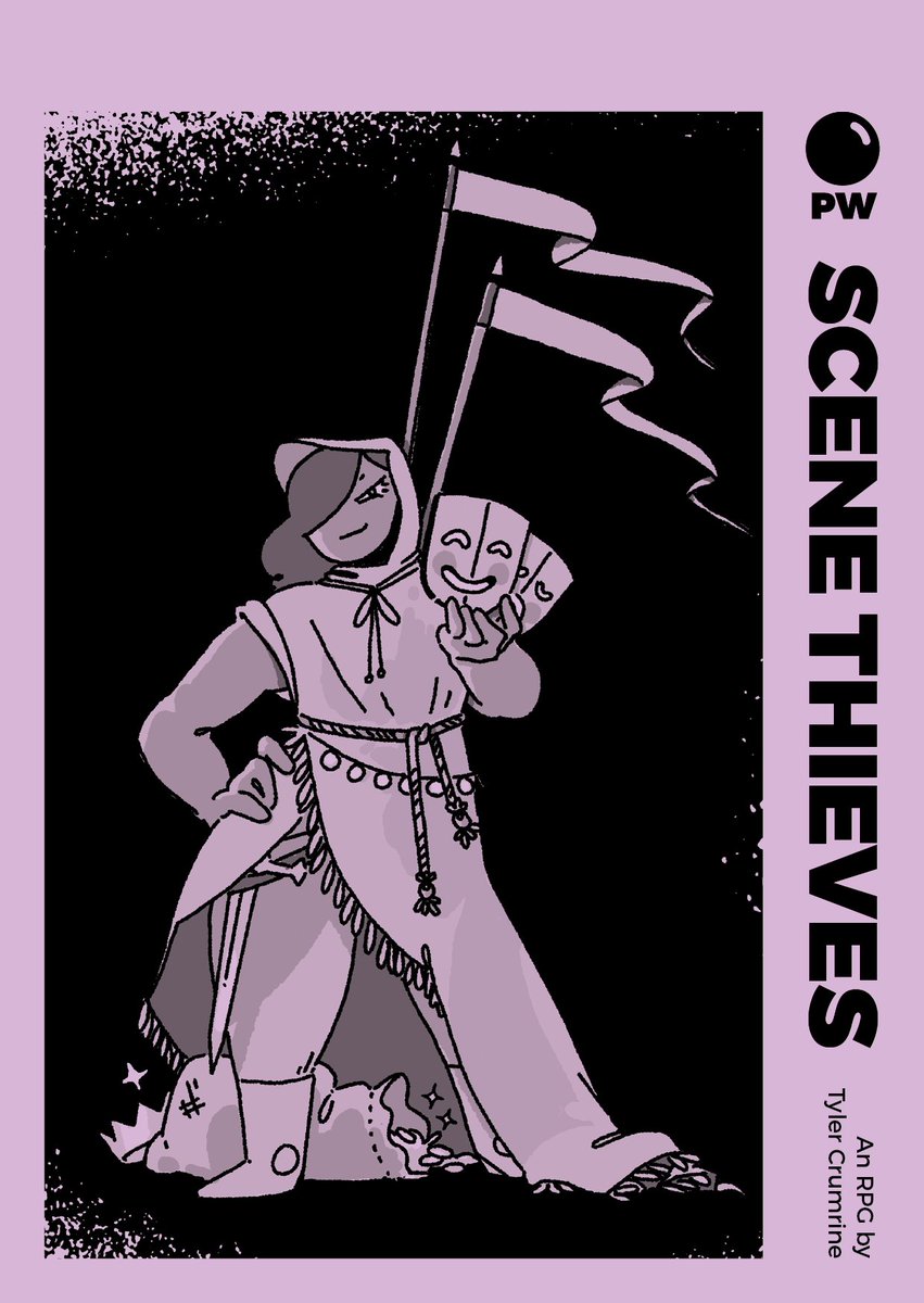 With 2 weeks left in the Possible Worlds RPG subscription box campaign ( http://ttrpg.link/pw ) let's look at one of its most-anticipated games: SCENE THIEVES, a diceless heist RPG where players also improvise a theatre performance, illustrated by the talented  @polclarissou! /1