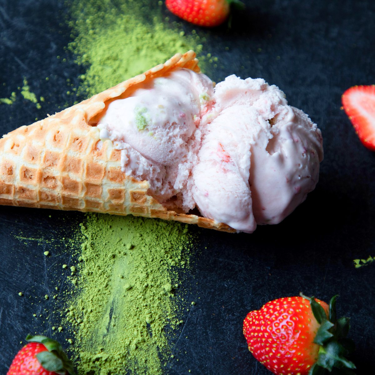 Clumpies's tweet photo. Did you know that our Strawberry Matcha Cake ice cream has double the strawberry? Roasted strawberry ice cream, then our chunks of bright green match cake are iced with tart strawberry buttercream frosting. Finish spring break strong with a stop at Clumpies. https://t.co/RcnMN52rI6