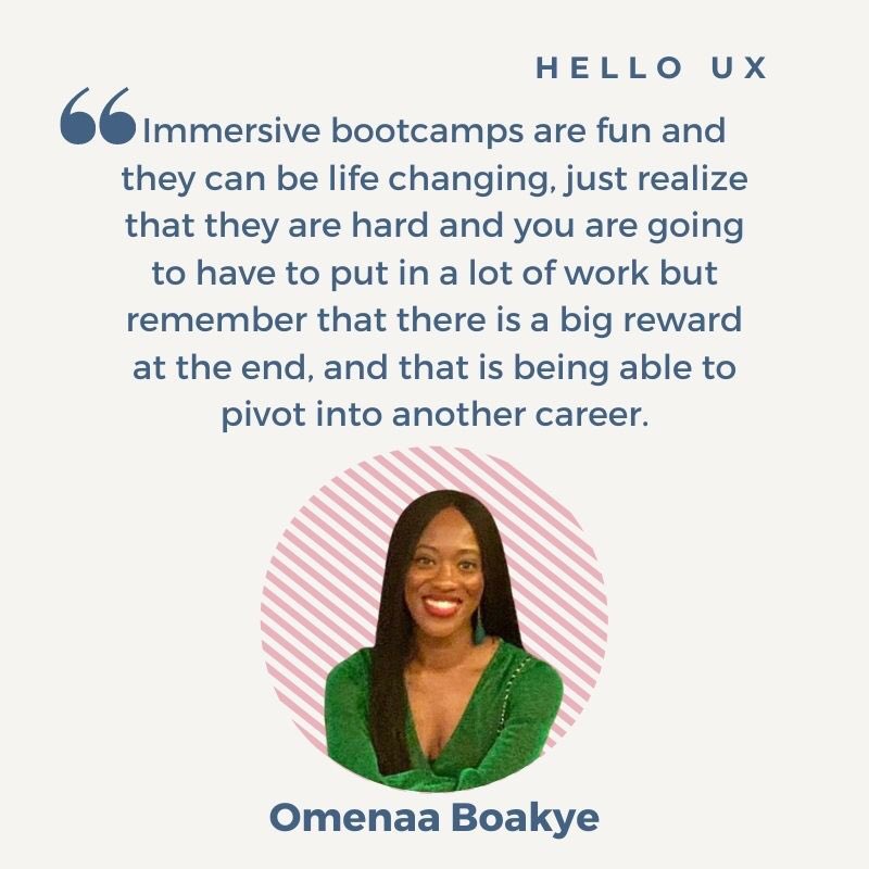 helloux_design's tweet image. Immersive bootcamps are not easy.  Omenaa reminds you to keep your eye on the reward. Listen to the full episode, link in bio. 
#uxdesign #helloux #uxbootcamp #diversevoices #womenintech #uxers #adobedigitalacademy