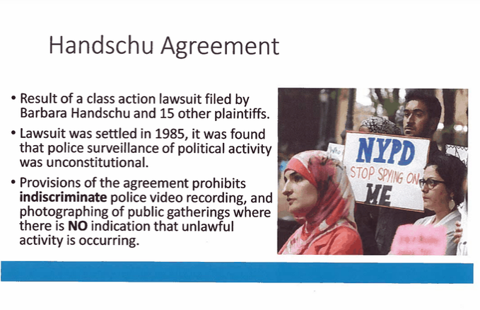 NYPD's SRG Field Force Modules mentions that the Handschu Agreement "prohibits indiscriminate police video recording, and photographing of public gatherings where there is NO indication that unlawful activity is occurring."But NYPD's TARU does that at almost every protest!