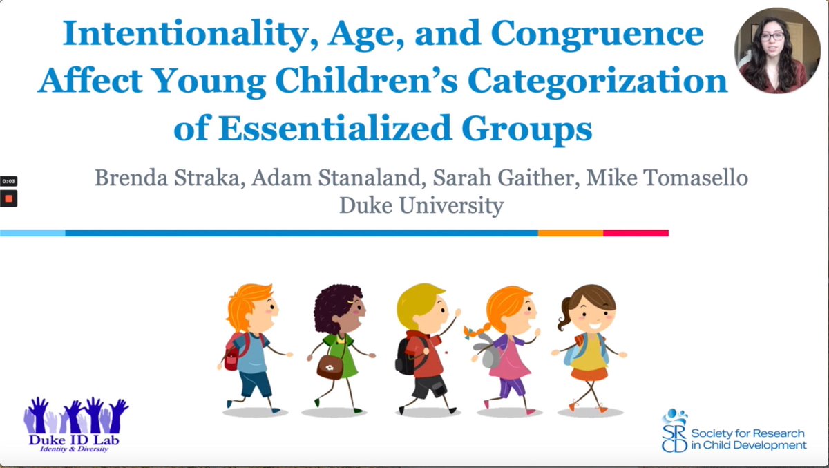 sarahegaither's tweet image. Such amazing questions at Brenda’s symposium today focusing on group understanding! Her work here with @adam_stanaland tests how essentialized groups like race and gender may have different mutual intention rules applied compared to other groups! #dukeidlab #SRCD2021