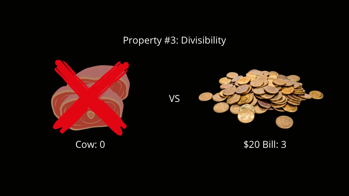 Cow: Could be slaughtered to sell parts, but not as easily as $20.$20 Bill: Can easily be broken into smaller bills of $10s, $5s, $1s…Property #3: Divisibility$20 Bill - 3, Cow - 0
