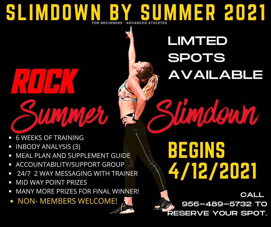 ROCKFITNESSTX's tweet photo. You are only 6 weeks away from a leaner more healthy you! Join our 6 week Summer Slimdown Challenge today! Very limited spots available. Call 956-489-5732 to reserve your spot. https://t.co/z24tPEI8K5