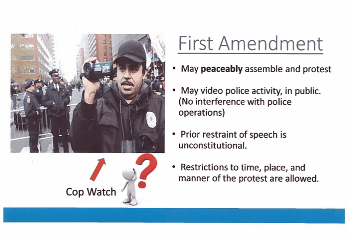 NYPD's SRG Field Force Modules features a pic of copwatcher Jose LaSalle of  @CopwatchCPU in the section on the 1st amendment (& its limits as determined by the courts).