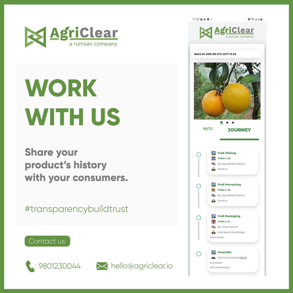 esatya_io's tweet photo. We believe in transparency and building trust. Work with us to share your product's history with your consumers.
To know more about AgriClear click here 👉 https://t.co/kMofl7CkRe #agriclear #esatya #nepal #blockchain_based_product #supplychain #farm_to_finger #blockchain https://t.co/arzgxG8AKE