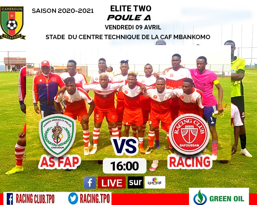 RACING_TPO's tweet photo. ⚽ A VENIR!
📅 Vendredi 09 Avril 2021
🆚 AS FAP
🏟️ Centre d'excellence de la CAF à MBANKOMO
⌚ 16h00
🏆 #EliteTwo de la @FecafootOfficie
📱 #FAPRAC
💻📱 https://t.co/MsVcxYHEoH
#RoadToEliteOne💉
🔴 #WeAreTPO ⚪ https://t.co/BEPs56mABr