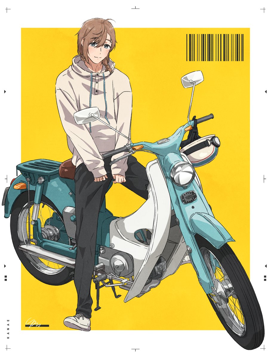 ground vehicle 1boy motor vehicle male focus brown hair motorcycle solo  illustration images