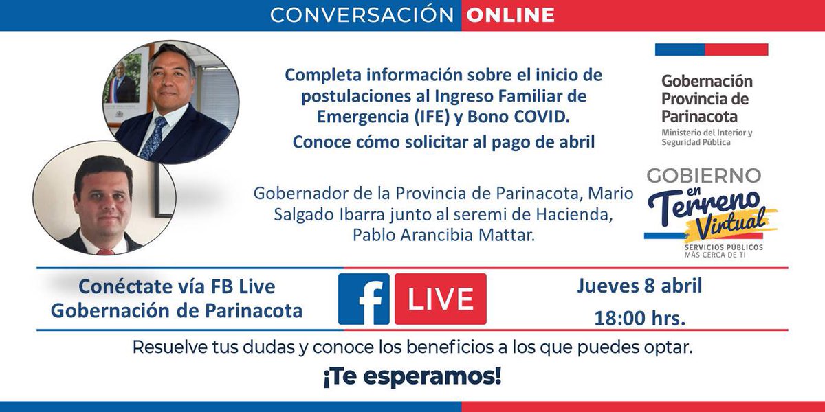 ⭕️ #GobiernoEnTerreno
Cómo postular y hasta cuándo se puede? Conéctate hoy a partir de las 18:00 hrs a través de #FacebookLive para conocer detalles del proceso de postulación.