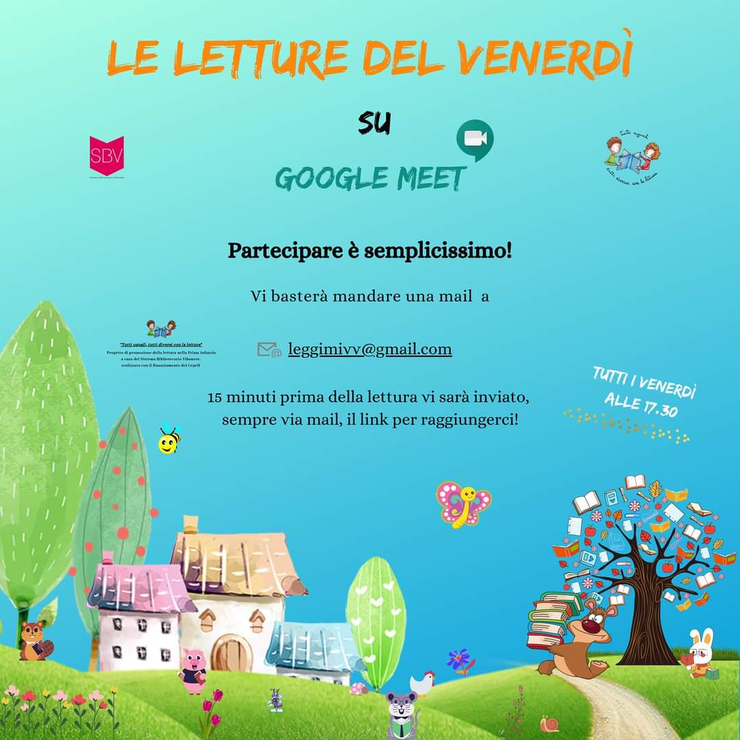 "Letture del venerdì" su Google Meet! 😍
➡️ Partecipare è semplicissimo:
vi basterà inviare una mail a
🔵 leggimivv@gmail.com
entro e non oltre le 15.00 di venerdì 9 aprile indicando nell'oggetto "Letture del venerdì";
15 minuti prima dell'inizio vi sarà inviato, il link!💌