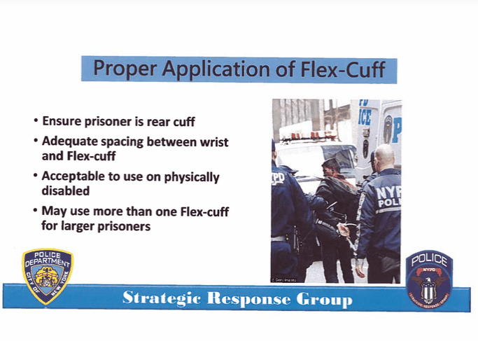 In the section on using flex-cuffs, NYPD's SRG Field Force Modules makes sure to note that flex-cuffs are "acceptable to use on physically disabled" people.