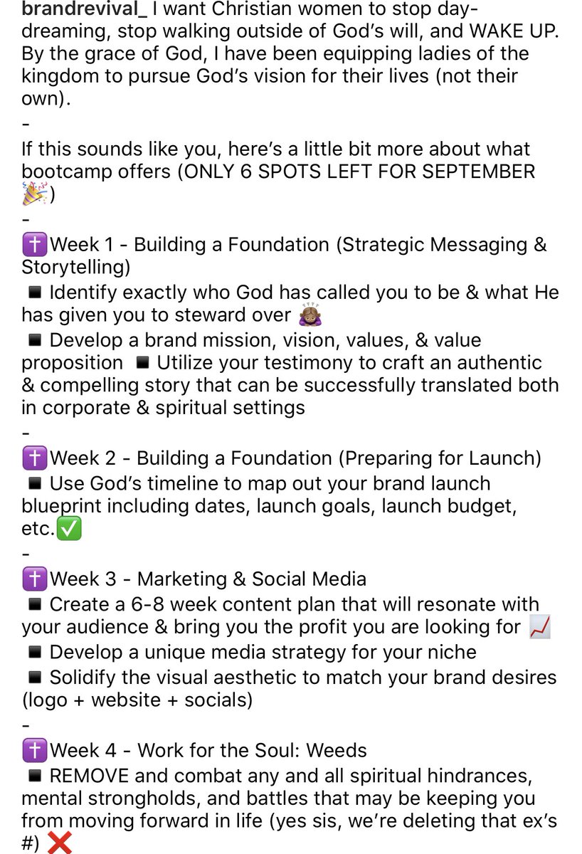 Bootcamp is a 5 week program that focuses on equipping women with the tools, resources, mindset..... and THEOLOGY to successfully build not just “their” brand but what GOD is actually calling them to do. Here is a very general framework for the program 