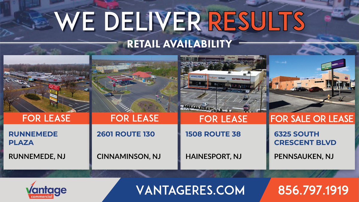 LeorCRE's tweet photo. This week's #VantageCommercial retail listings include space in Runnemede, Cinnaminson, Hainesport, and Pennsauken.
View our listings: https://t.co/9z4OIArzEJ
Contact 856.797.1919
#NJRealEstate #CommercialRealEstate #RealEstate #Retail #Listings #Property #CRE365 https://t.co/rvuabAElCp