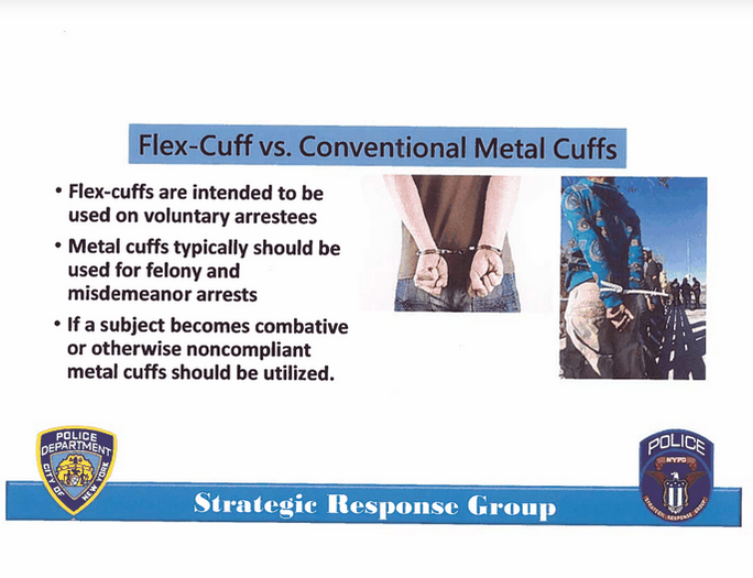 NYPD's SRG Field Force Modules says that metal cuffs should be used for felony & misdemeanor arrests, but I've definitely been put in metal cuffs at protests before.