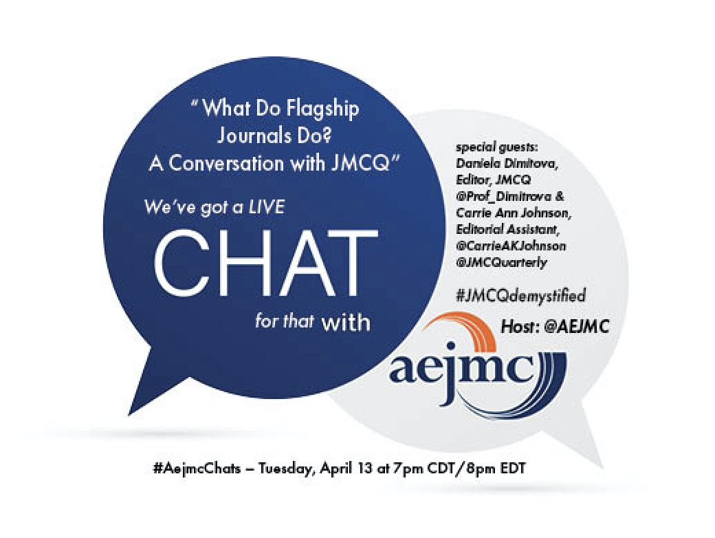 AEJMC's tweet photo. Questions about flagship journals? We've got a chat for that. Join us Tue., April 13 at 7 pm CT/8 pm ET with @jmcquarterly editor-in-chief @Prof_Dimitrova &amp; editorial assistant, Carrie-Ann Johnson for the next #AEJMCChats.  Please share with anyone who may be interested. https://t.co/7kHjclEiPt