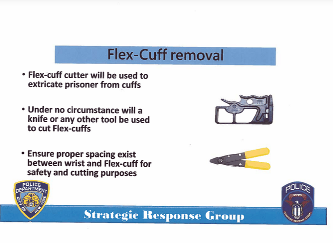NYPD's SRG Field Force Modules has a section on flex-cuff removal, for which you apparently need a "flex-cuff cutter."