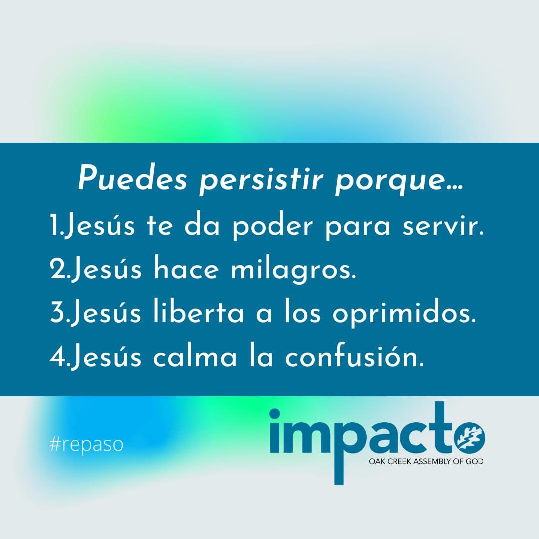 PastorArmin7's tweet photo. You can persist because…
1. Jesus empowers you to serve.
2. Jesus performs extraordinary deeds.
3. Jesus sets the oppressed free.
4. Jesus calms the confusion. https://t.co/Vu7TgOtM3G