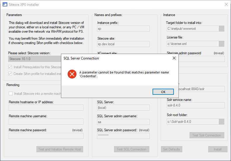 sgisbert's tweet photo. @SitecoreMartin Hi Martin! I was trying Sifon, v1.2.4, to spin up a sc 10 instance, but getting the following error while testing SQL connection. Any ideas what it might be? Yes, the connection details are ok :) Thanks! https://t.co/LYSebPEm6q