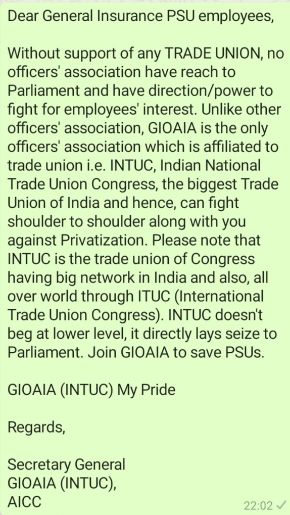 GIOAIA_'s tweet photo. Dear General Insurance PSU Employees,

Join GIOAIA to save our PSUs from #privatisation

For membership form, please contact us on -

Our mail id - intuc.gioaia@gmail.com

Whatsapp no. 8447534463
@INTUCnational https://t.co/j961pMUJMi
