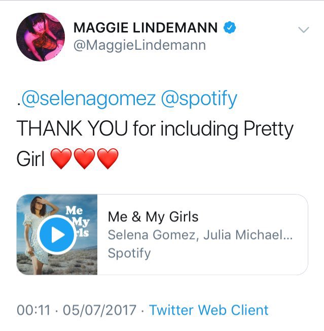 Selena adding maggie to her Spotify playlist, and maggie thanking her