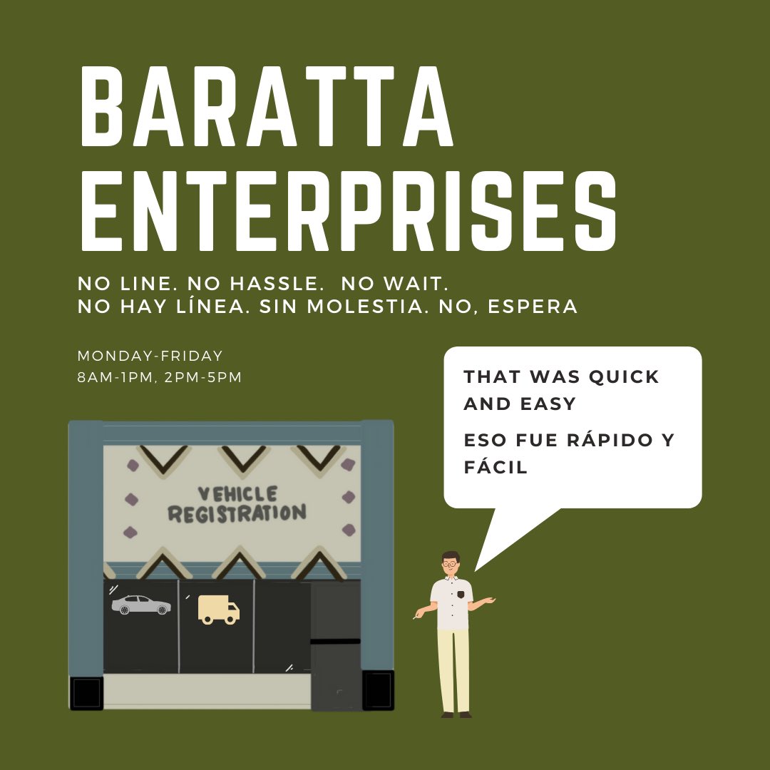 BarattaLB's tweet image. Tired of lines? Come down to Baratta Enterprises for a quick and easy auto services!
¿Cansado de las líneas? ¡Venga a Baratta Enterprises para un servicio de auto rápido y fácil!
barattaenterprises.com
#barattalb #autoregistration #commercialregistration #skiptheline #dmv