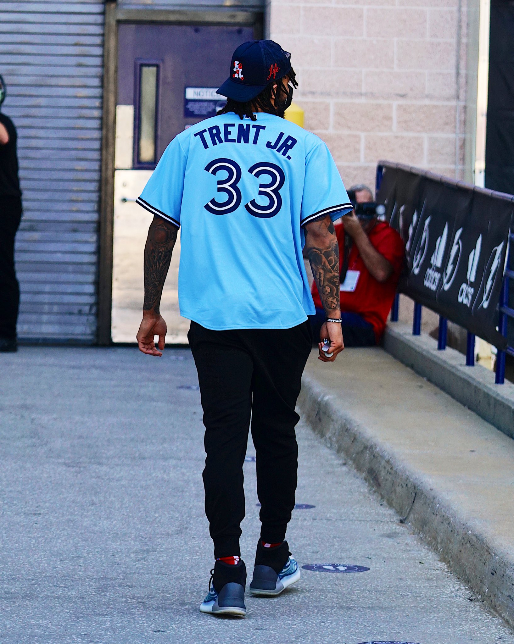 Josh Lewenberg on X: Gary Trent Jr., who showed up to his first game as a  Raptor wearing OVO gear, is rocking a personalized Blue Jays jersey today.  Smart man. / X