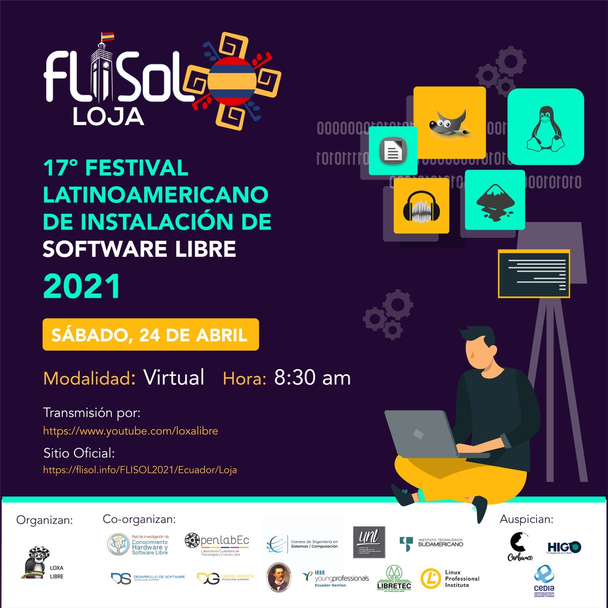 Flisol_Loja's tweet photo. #FLISoL está a menos de un mes, si aun no te inscribes, hazlo en https://t.co/8u0CYTlXR3, sede Loja, hasta el 23 de abril✍️
Equipo: @loxalibre @RedLibre_EC @OpenlabEc @CisUnl @InformaticaUnl @SudamerLoja @istjuanmontalvo #IEEE_YP @cooplibretec #LPI @carbuncoTeam #Higo @CEDIAec https://t.co/neUNZDAcsi