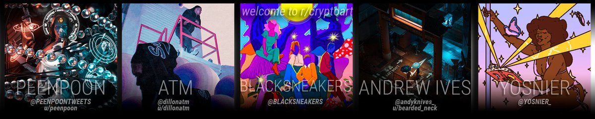 peenpoontweets's tweet image. R/cryptoart has grown to over 7k members...
Our latest feature is the monthly "featured artist" post and banner spotlight.

This month featuring:

Myself(shameless plug), @dillonatm, @BLACKKSNEAKERS, @andrewknives, @andyknives_, and @yosnier!

Link:
bit.ly/3dMPbgx