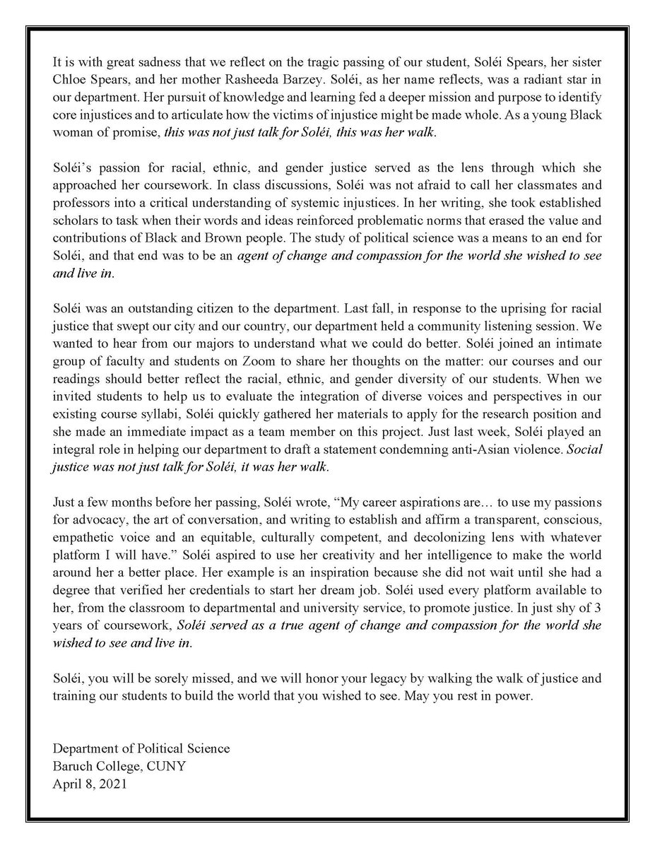 Baruch_PoliSci's tweet photo. We're devastated about the passing of our student Soléi Spears ('22). We hope this statement brings solace &amp; comfort to her friends, classmates, &amp; faculty who worked with her. May it inspire us to work towards the inclusive &amp; just world that Soléi envisioned &amp; strove to realize. https://t.co/CWaOaQTl2F