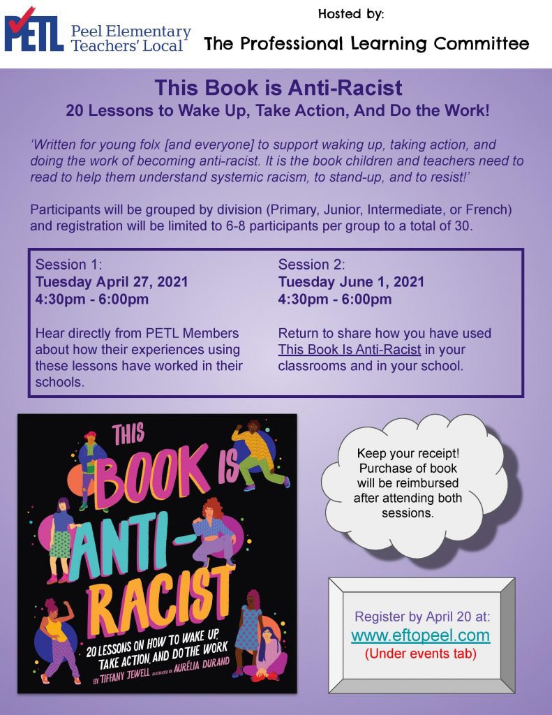 Registration is open for the PETL Professional Learning Committee’s workshop of ways to use #ThisBookIsAntiRacist in your #Primary #Junior #Intermediate #CoreFrench or #FrenchImmersion classroom! #AntiRacistEducation Click here to sign up - etfopeel.com/event/this-boo…