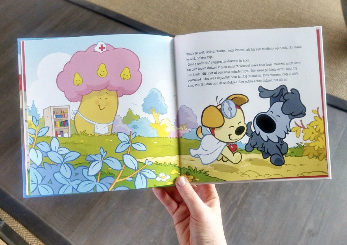 And another new Woezel and Pip book one I drew the layouts and the cover for, titled Naar De Dokter. I also did the final line art on most pages, but Wil Raymakers drew it for the second spread shown here.