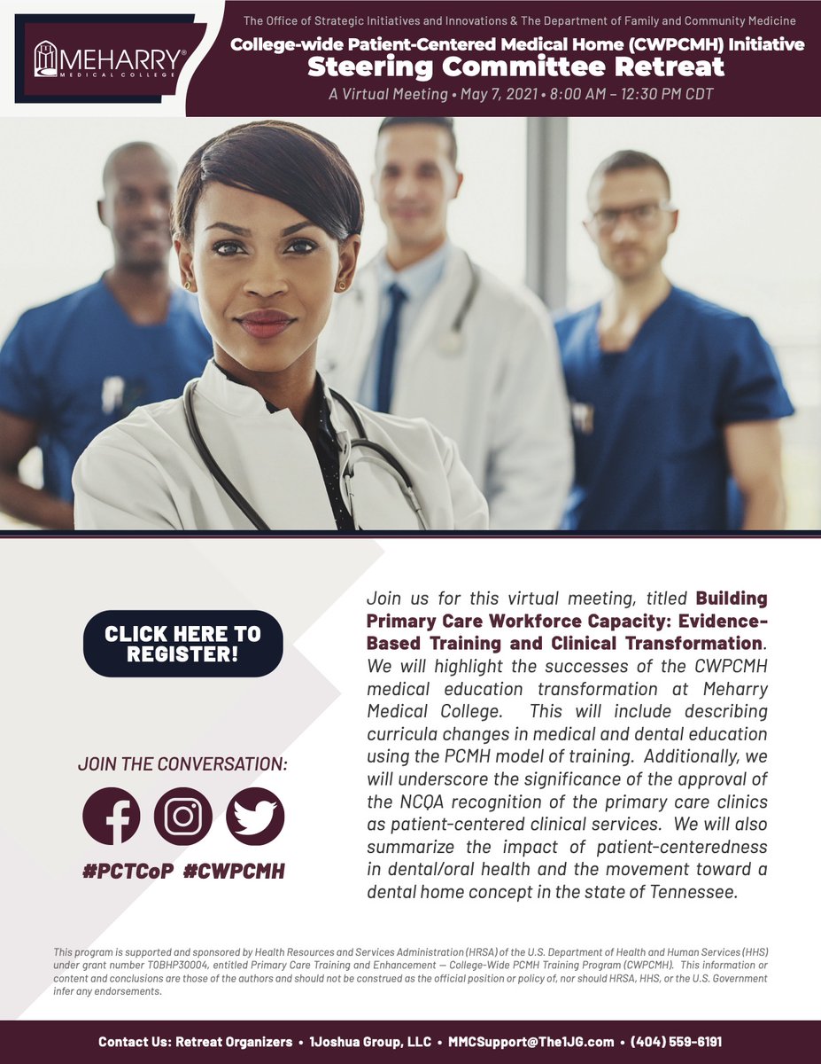 PCTCoP's tweet photo. Mark your calendars for May 7th, 8:00am-12:30 CDT! The #CWPCMH retreat will be highlighting how we're using the #PCMH model of training @MeharryMedical. #PCTCoP https://t.co/wuOuJqV7zo