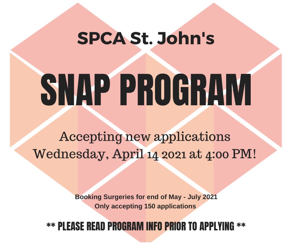 SPCAStJohns's tweet image. Our Spay &amp;amp; Neuter Assistance Program will be accepting new applications on Wednesday, April 14 at 4pm. Please check our website for more details on how our program works (link in bio) 

#snapprogram #spcastjohns