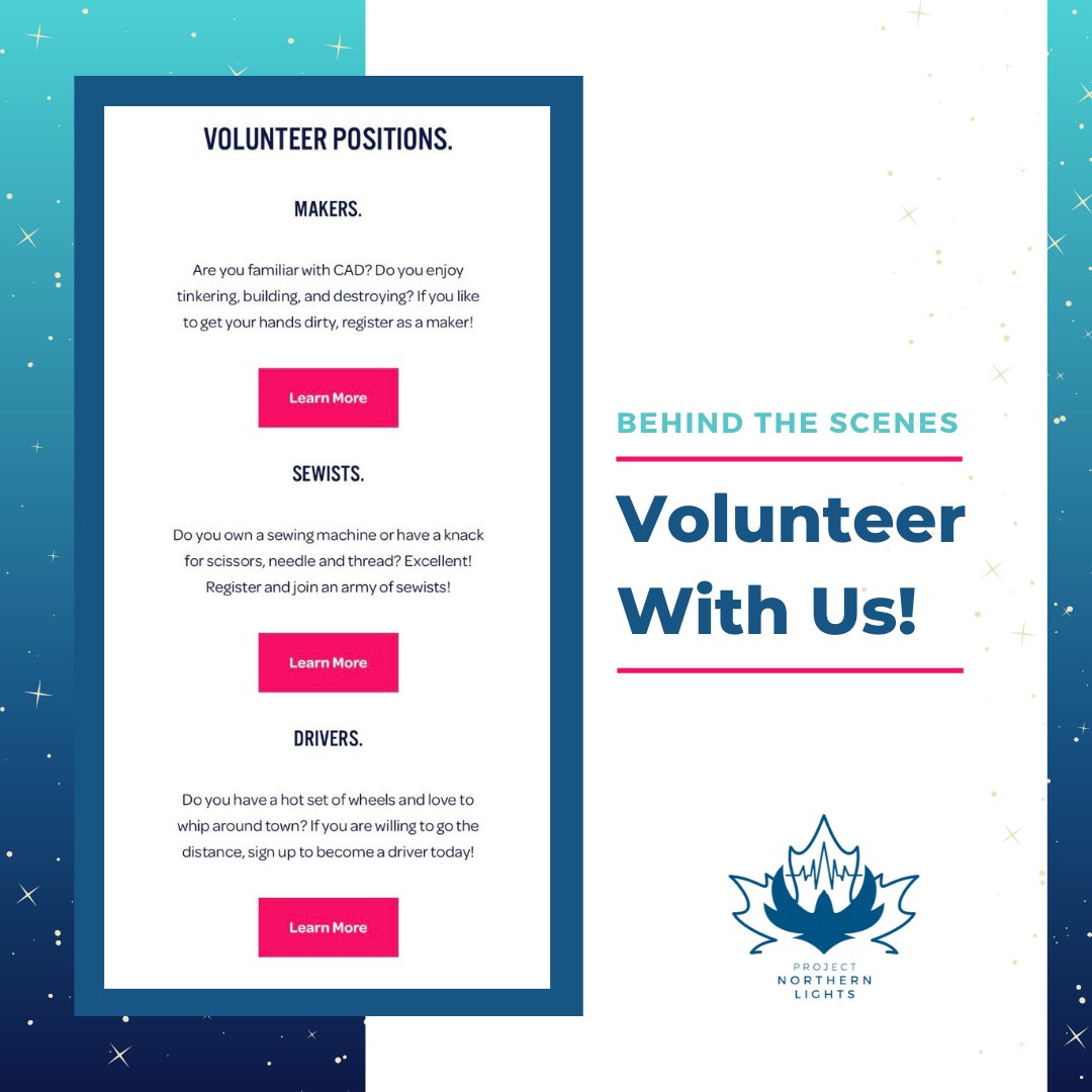 NorthrnLightsCA's tweet photo. Are you interested in volunteering with PNL?

Donate your time as a maker, sewist, driver, or so much more. Simply head over to our website, click on “Volunteer,” and fill out an application!

We look forward to you joining our team!

#PNL #ProjectNorthernLights #BTS #Volunteer https://t.co/hqtUFvszr8