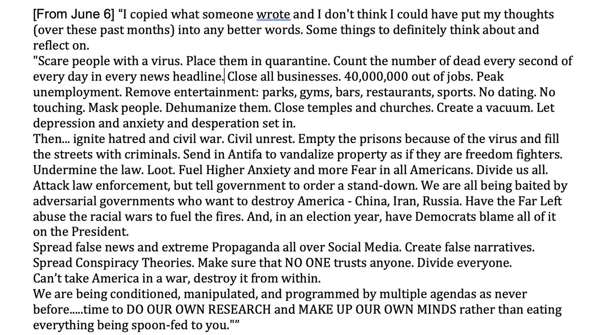 I found a grand total of five (5) references to "defund the police" btwn May-Nov 2020: one pretty neutral, the rest negative/mocking. In contrast, references to antifa became near constant. I stopped counting at 60 with no end in sight. Vivid & detailed. Some copypasta, as here