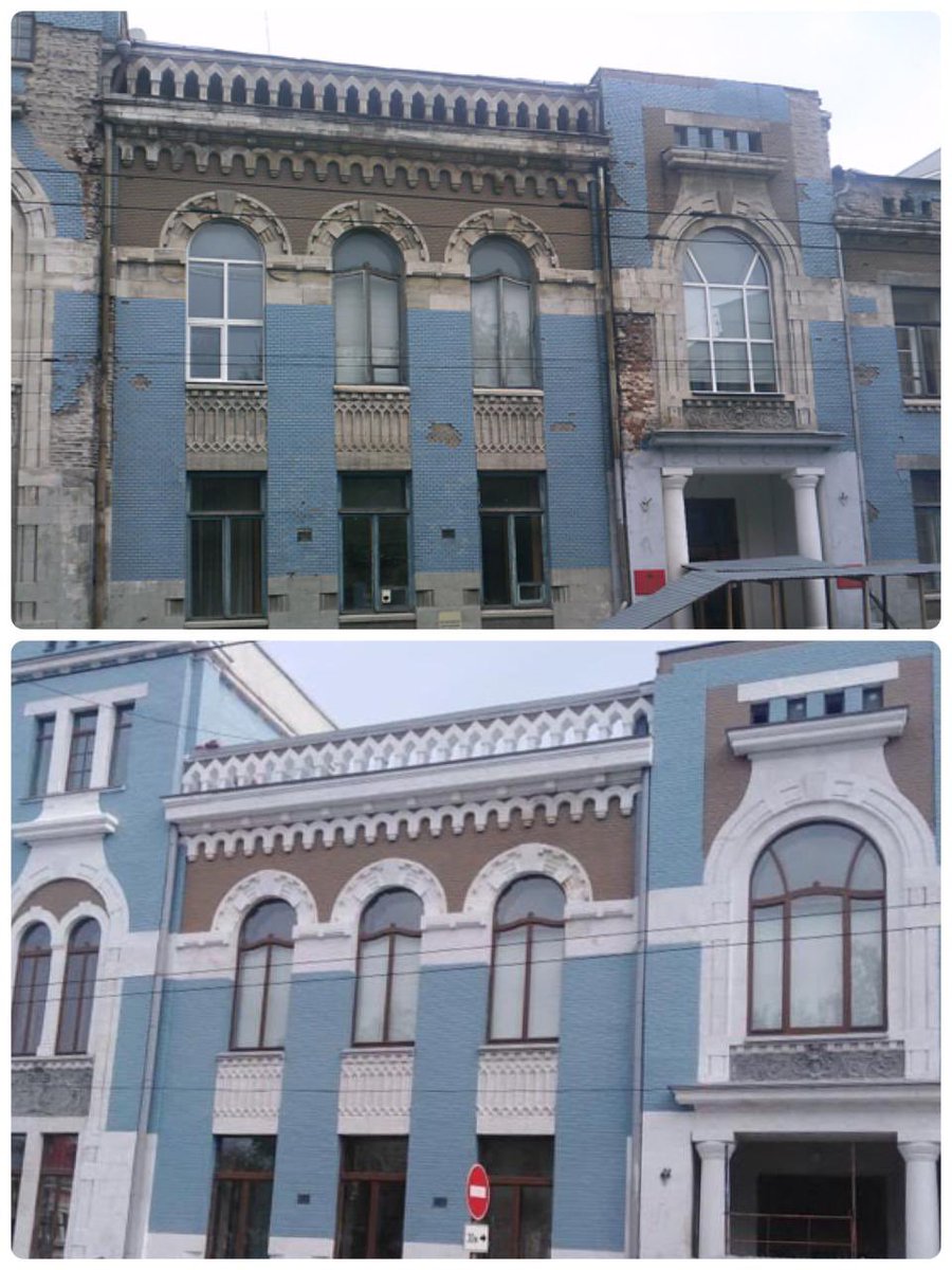Khinshtein's tweet photo. Завершается реставрация одного из знаковых памятников старой Самары - «особняка Сурошникова» архитектора Ф.Шехтеля. На фото наглядно видно: как - было, как - стало. Спасибо @mod_russia (объект на балансе ведомства) и лично ��ервому зам.министра Р.Цаликову за спасённую красоту. https://t.co/XnUFzspWhG