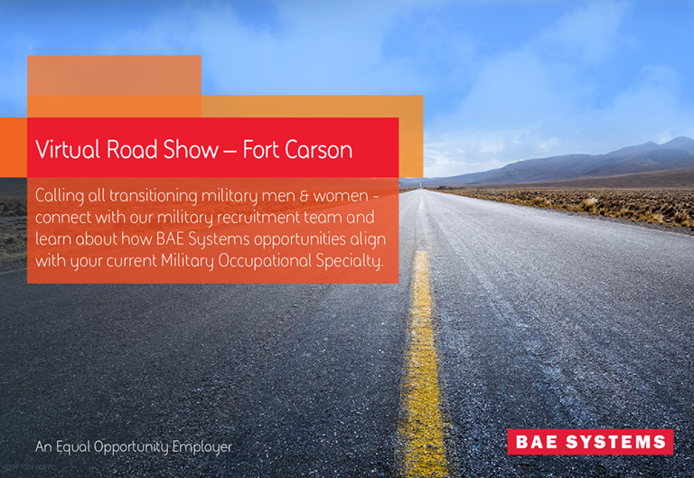 BAESystemsInc's tweet photo. April 15: The next "stop" of our Virtual Road Show is at Ft. Carson. Participants will learn about #opportunities that align with their current Military Operation and experience. https://t.co/eFwVcSCfZQ
#HiringNow #FtCarson #Jobs #MilitaryJobs https://t.co/X7aStZBrQD