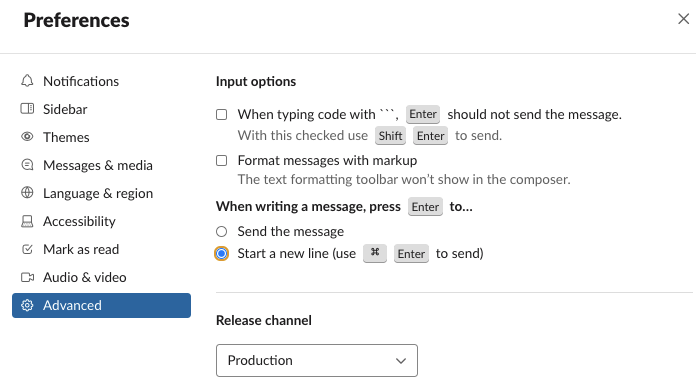 pitonisaX's tweet image. The best piece of slack advice in a long time: how do you type many lines and bullets in a message, without the return key sending the message. Profile&amp;gt;Preferences&amp;gt;Advanced&amp;gt;Select &quot;when writing a msg press Enter to ... start a new line&quot; #slackTips #Productivity #slack