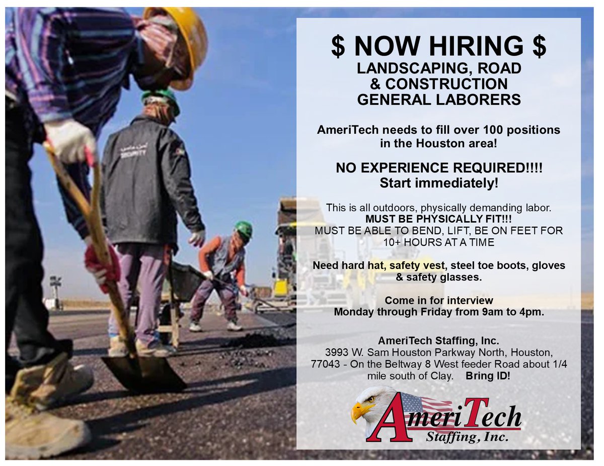 AmeriTech_Staff's tweet photo. Houston, TX - We have 100's of positions to fill!!!! Come in for an in-person interview Monday through Friday from 9am to 4pm. Be ready to start working ASAP!!! #HoustonJobs #hiringinhouston #houston #getajobchallenge #ameritech_staffing #hiring https://t.co/BGihHNaR3n
