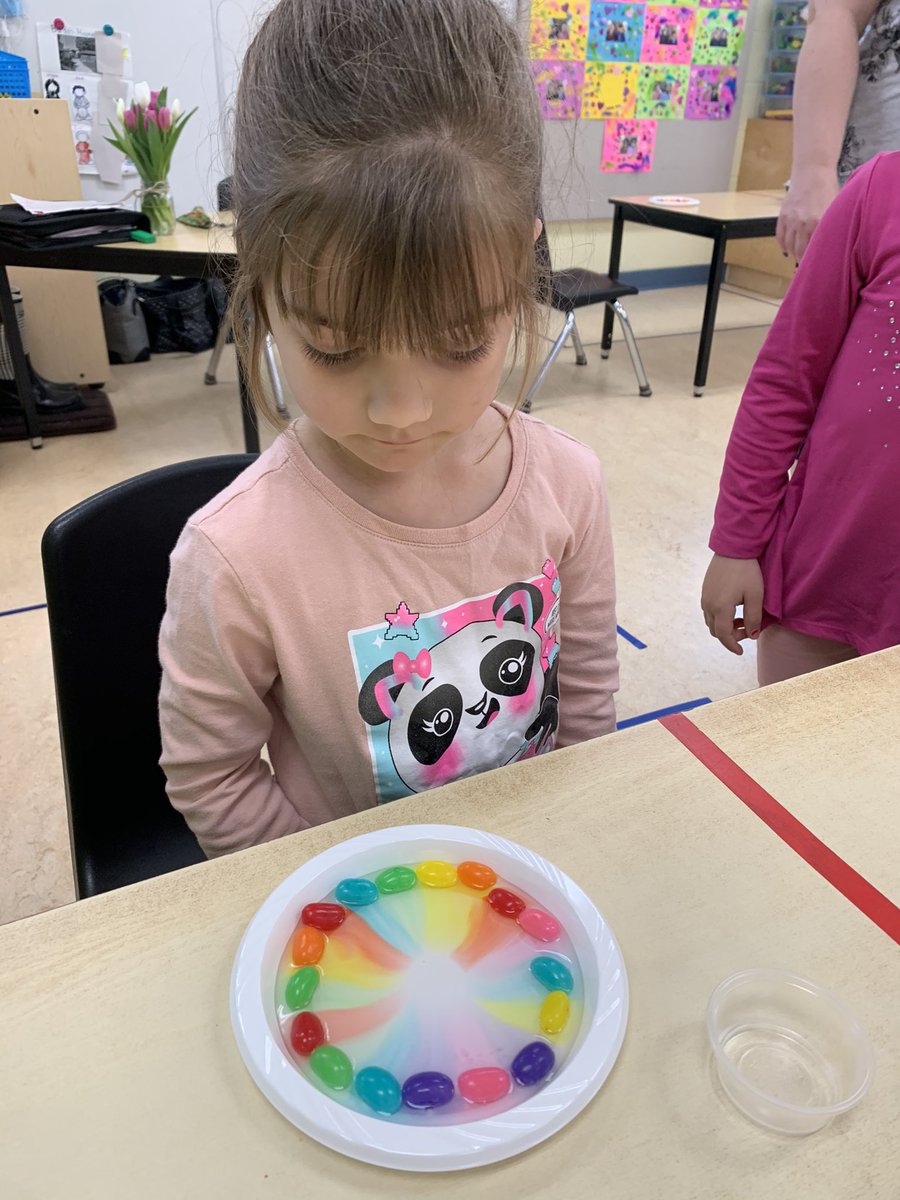 bluecastle24's tweet photo. What happens when you put jell beans around the edge of a plate and add warm water? The colours start to spread! @QEPSKnights https://t.co/HOMKCzPAoG