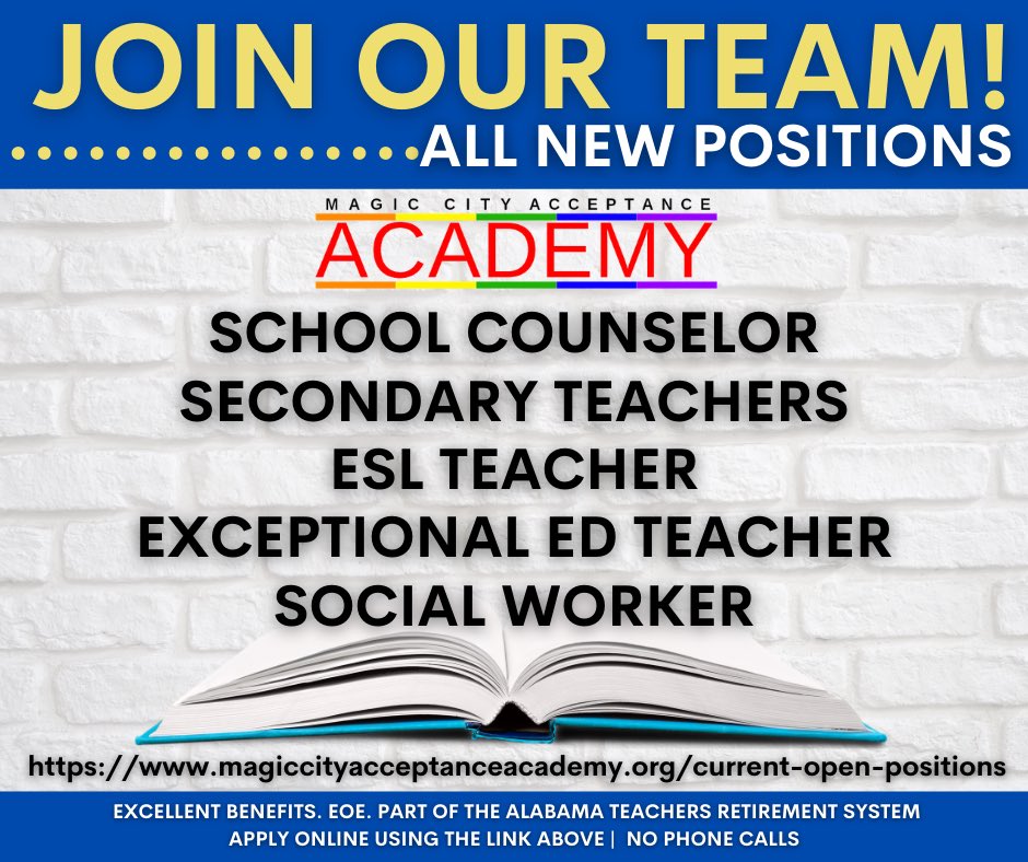 <a href="/AcceptanceCity/">Magic City Acceptance Academy</a> is Hiring!!!! Click on the website for more information: mcaa-bao.org/careers #charterschools #alabamacharters