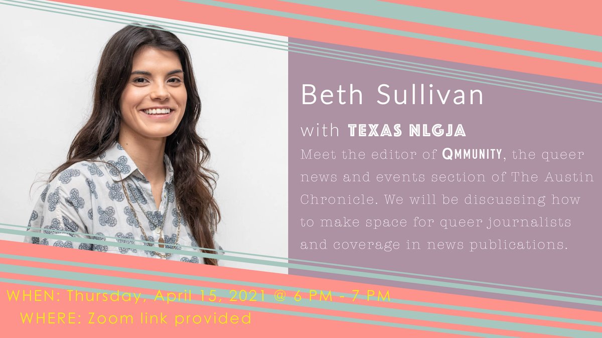 TX_NLGJA's tweet photo. Miss us 🥺? Join us next THURSDAY @ 6 PM with @AustinChronicle's QMMUNITY Editor @atbethcsullivan for our first speaker event!!😆🎉

We'll talk about how she makes a space for LGBTQ+ voices and news in her publication 🌈 

Register for the link here: https://t.co/ztY9HXKiJu https://t.co/EaaKFwSs0b