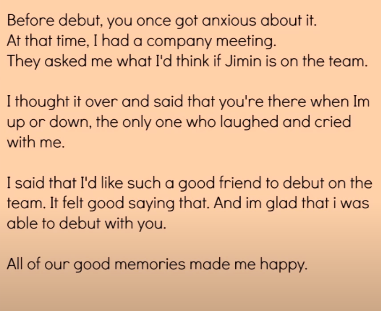 This sincere and heart felt letter he wrote to jimin in bon voyage plus him crying while reading it really shows how much tender his heart is.(pics not mine)