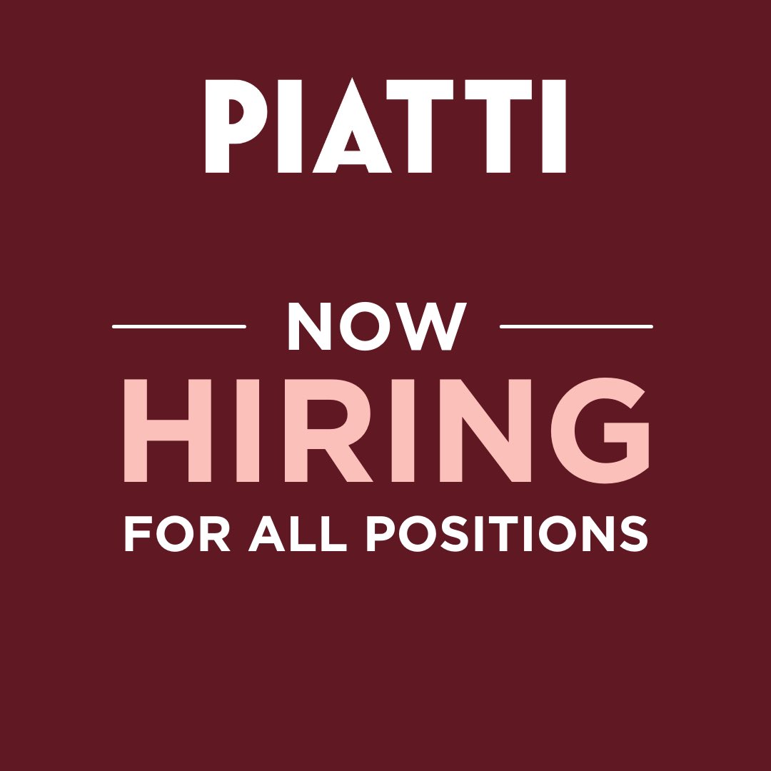 We’re currently hiring for ALL positions. We’re busy year round, have large, open-air dining areas and a consistent, clean, positive work environment. Send your resume to info.seattle@piatti.com