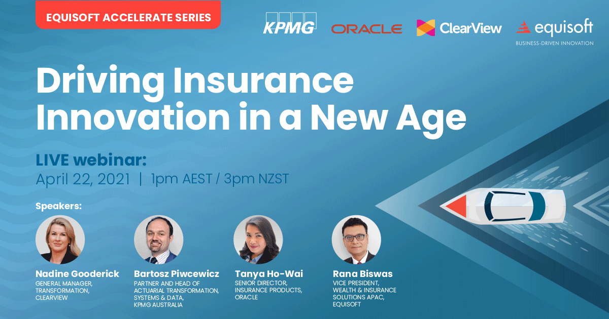 Equisoft's tweet photo. [#EquisoftAccelerate Webinar] Driving Insurance Innovation in a New Age. Join Nadine Gooderick @clearview_au, Bartosz Piwcewicz @kpmgaustralia, Tanya Ho Wai @OracleFS &amp; Rana Biswas on April 22 for a exploration of APAC carrier challenges. Register: https://t.co/tPRl6RbBeh https://t.co/8sexlQ0zYA