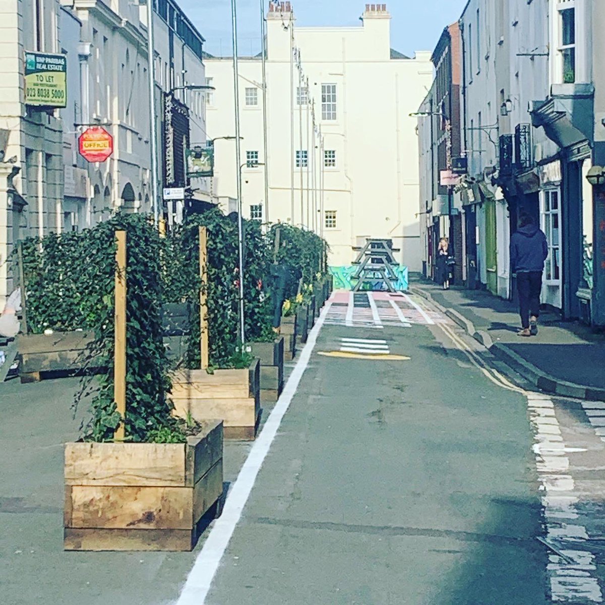 DbrayArchi's tweet photo. Day 13 progress on our public realm street art project, #tacticalurbanism in play! Concept artist meets delivery artist, festival festoon lighting installed 4, 12.0421 @Go_Southampton @VisitSoton @SolentShowcase @SotonStreets @southampton2025 @SouthamptonHid1 @OctoberBooks https://t.co/9cY6e10e1k